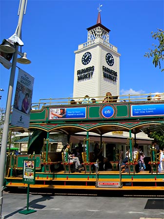 The Trolley that connects Farmers Market with The Grove has a wheelchair ramp that extends as needed. [Photo Credit: LAtourist.com]