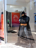 Batman exhibit in the window at Paley Center for Media, located at 465 N Beverly Dr, Beverly Hills, CA 90210