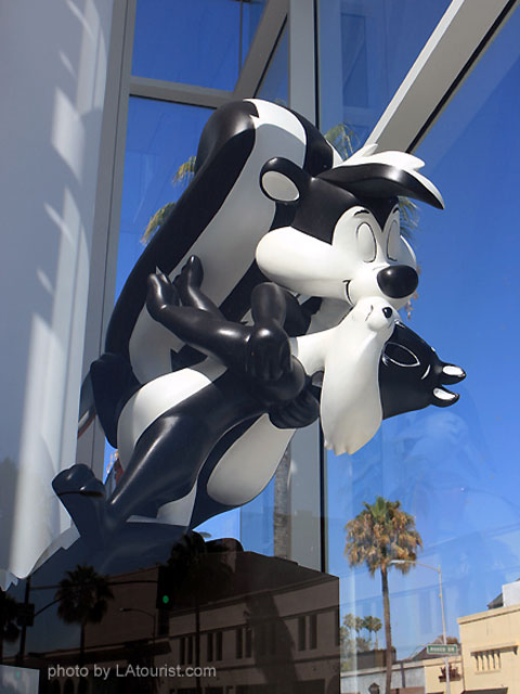 Pepe le Pew exhibit in the window at Paley Center for Media, located at 465 N Beverly Dr, Beverly Hills, CA 90210