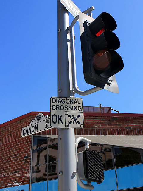 Diagonal crossing sign on Canon Drive in Beverly Hills