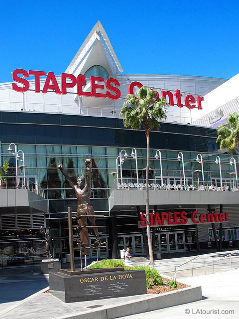 Oscar de la Hoya statue near the entrance of Staples Center in downtown Los Angeles