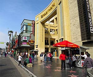 Hollywood Boulevard in front of Hollywood and Highland, including Walk of Fame stars on the sidewalk, the entrance to the Dolby Theatre and the Hard Rock Cafe. [Photo Credit: LAtourist.com]
