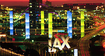 LAX Gateway Pylons - a public art display near LAX,  the columns of light greet arriving aircraft to LAX. [Photo Credit: Marina del Rey Convention and Visitors Bureau]