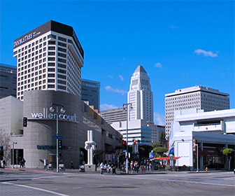 Weller Court in the Little Tokyo District of Downtown Los Angeles, with L.A. City Hall in the background. [Photo Credit: LAtourist.com]