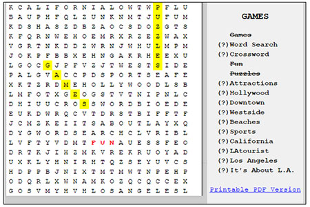 Word Search puzzles that feature Los Angeles tourist attractions and destinations. [Photo Credit: LAtourist.com]